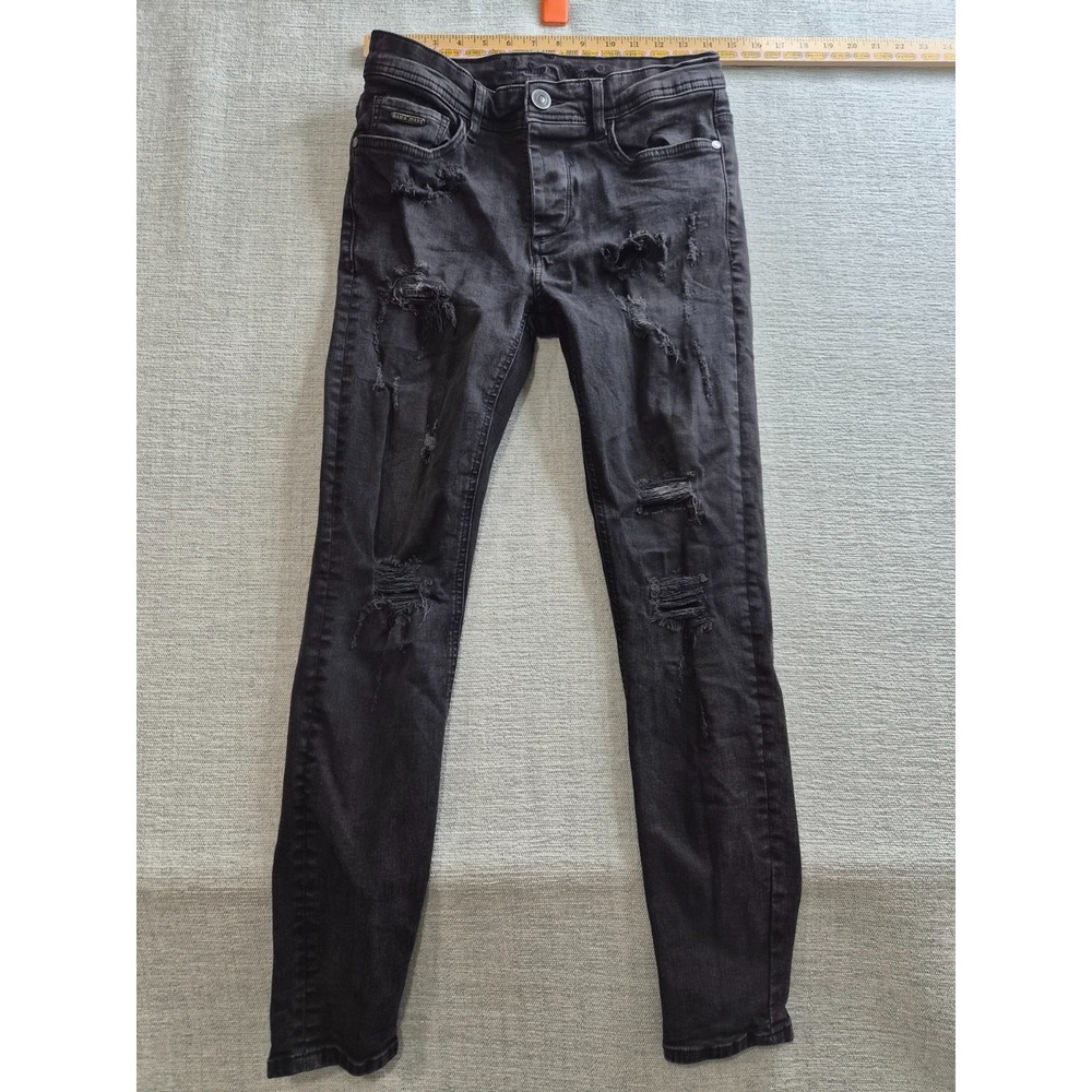 Mania Jeans Womens 30x27 Black Denim Cotton Stretch Distressed Super Skinny Leg